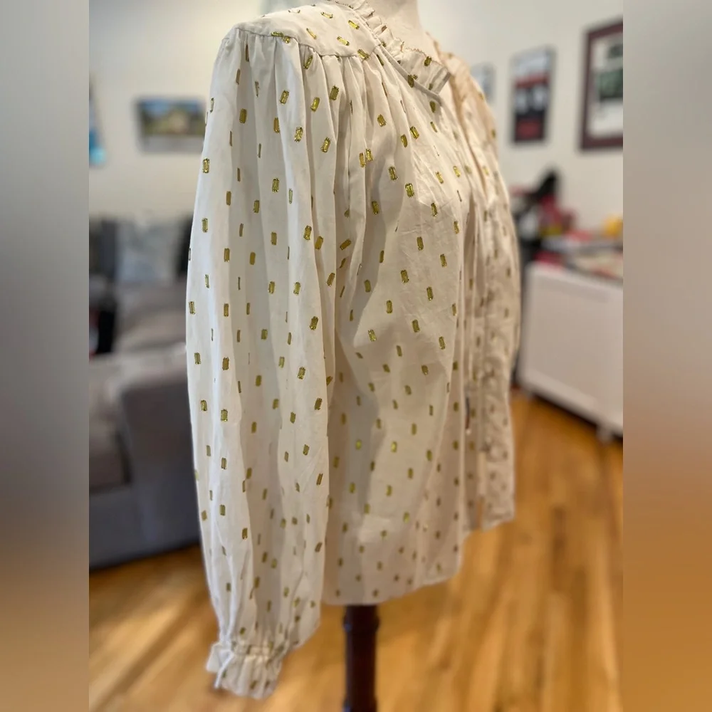 Dolan Left Coast Collection Metallic Gold Clip Dot Peasant Blouse Size M